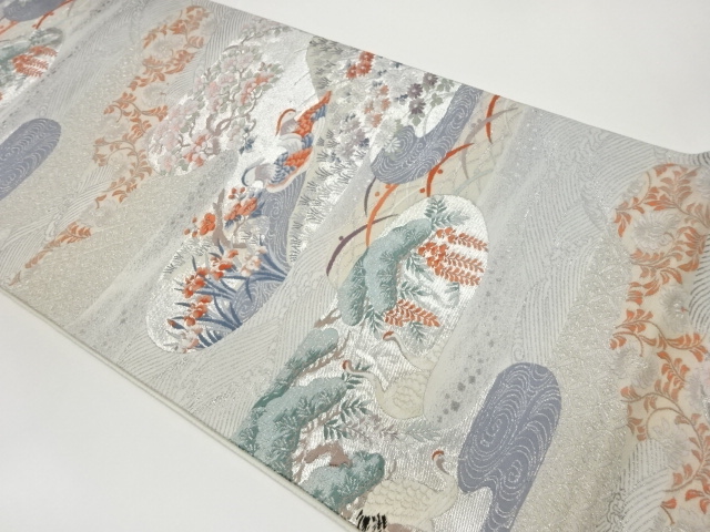 九百錦プラチナ二重箔鴛鴦に鶴・花々・古典柄模様織出し袋帯